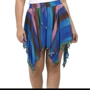 Zara beaded hem Tie Dyed Chiffon Printed Multi Blue Asymmetrical Skirt Boho XL